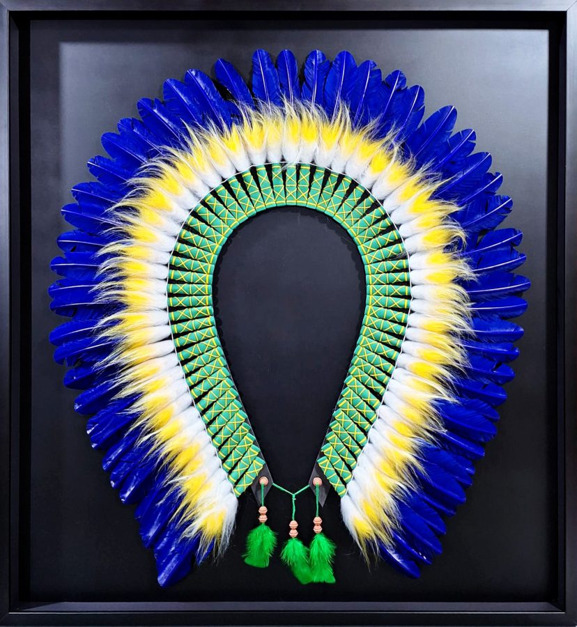 Quadro Brasilis do Projeto Líder Tuchaua, cocar em verde, amarelo e azul